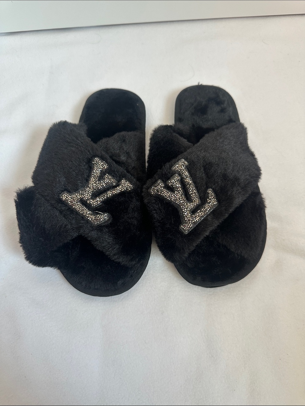 NEW Inspired Black Faux-Fur Slide Sandals with Crystal Accent
